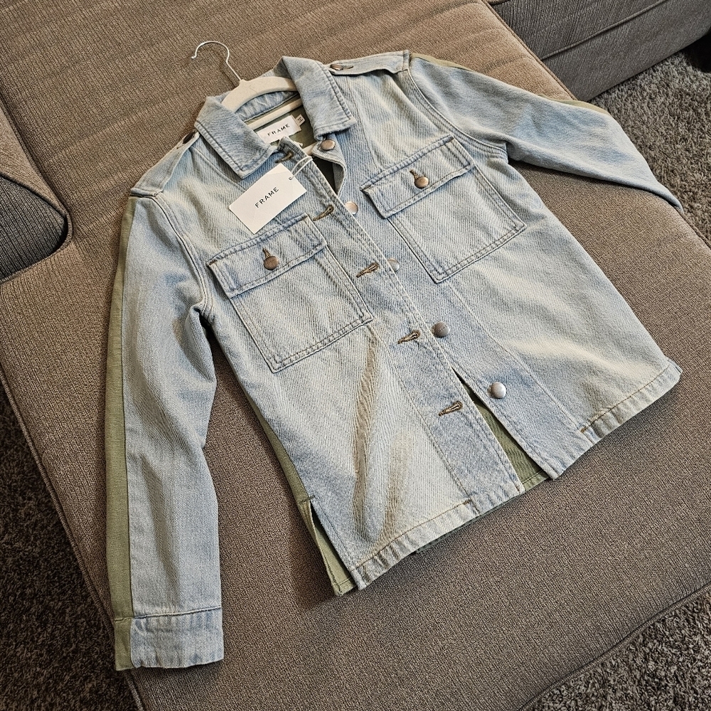 Frame Cargo Canteburry Gate Button Western Blue Olive Green Denim Jacket Size XS - Picture 3 of 7